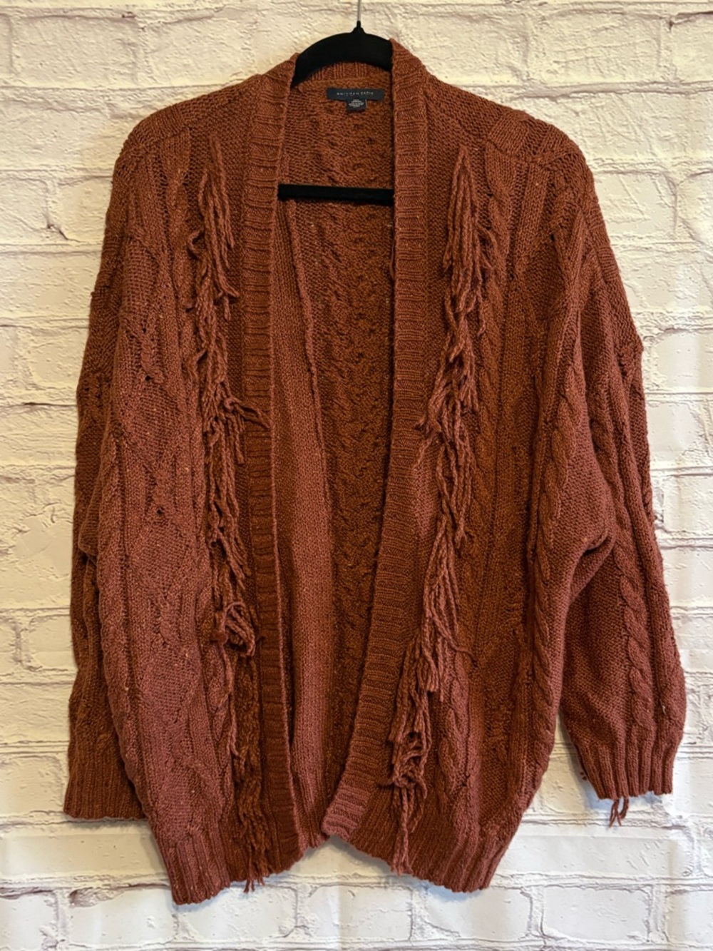 American Eagle Outfitters Rust Fringe Open-Front Cardigan